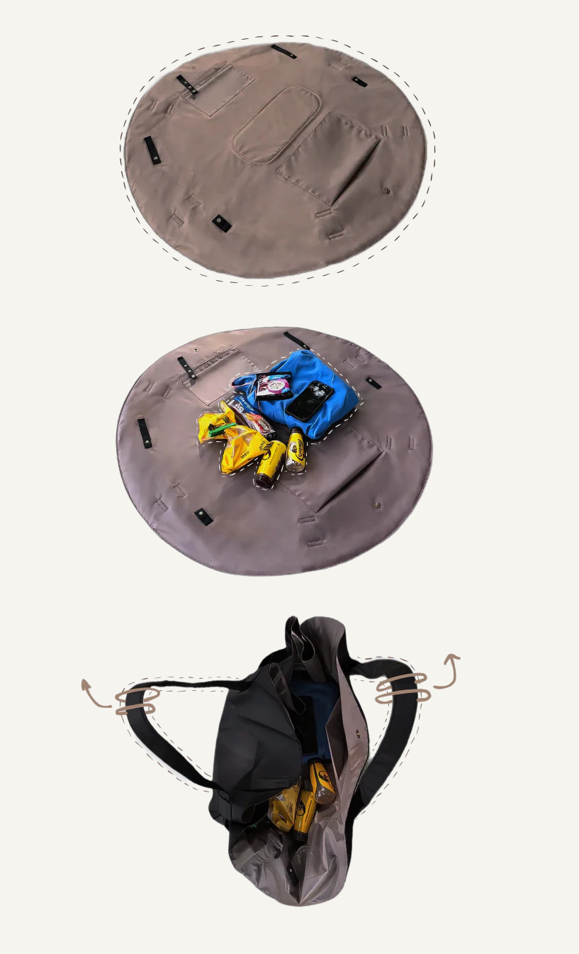 Le sac déplié en couverture, chargé, puis replié en sac